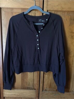 aerie Cropped Henley Sweatshirt in Dark Brown